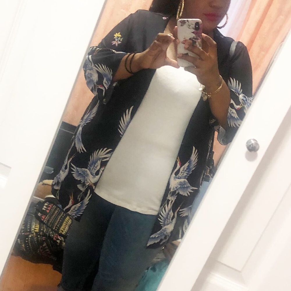 Bird print shirt kimono